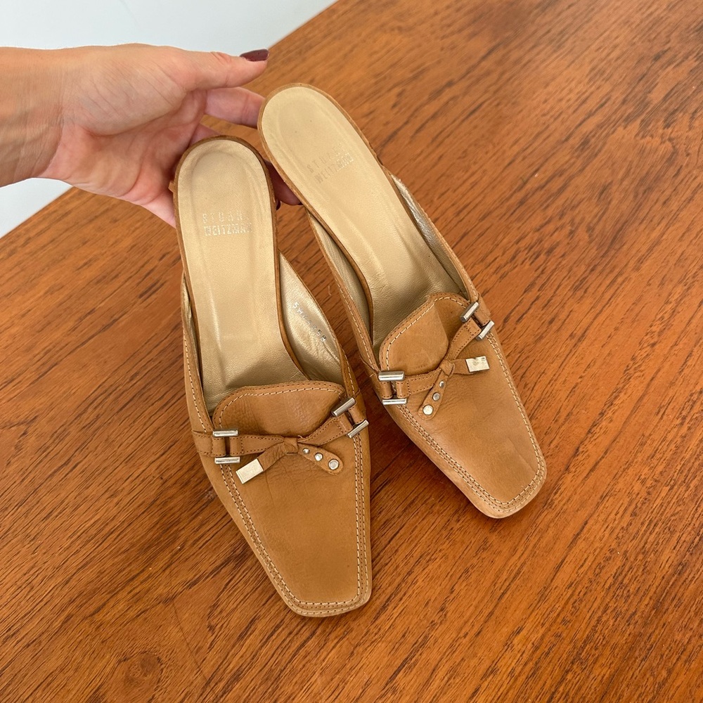 Stuart Weitzman Square Toe Tan Leather Mule